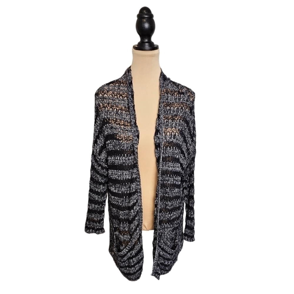 Free People Light Grey Black Loose Knit Cardi Drop Shoulder and Long Front Sz S